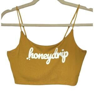 Mustard Yellow Honeydrip Graphic Crop Top Stretchy Spaghetti Strap Cami S